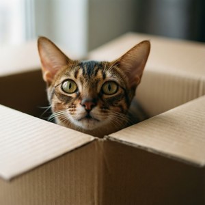 Ocicat qui jette un coup d'œil depuis une boîte en carton