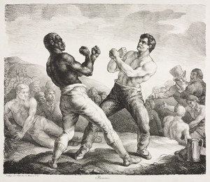 Boxers by Théodore Géricault, created 1818, in lithograph. Download this artwork as a high-resolution wallpaper for desktop, tablet, or mobile. — Art Picture