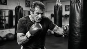 Paul Sorvino treinando em uma academia de boxe, preto e branco granuloso