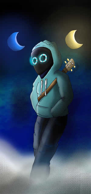 A hooded figure with glowing eyes holds a guitar under a dual moon sky.
