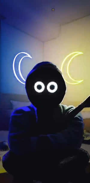 Silhouette of a hooded figure with glowing eyes in a room with neon moon lights. — Boywithuke Picture