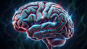 Surrealistisk digital kunst af en menneskelig hjerne med glødende kredsløb, der erstatter neuroner