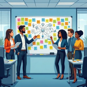 A flat vector illustration of a brainstorming discussion around a whiteboard.