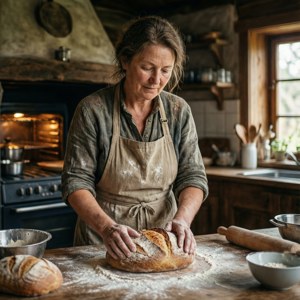 Hyggeligt køkkenscene med Hilde Schbeiker, der bager
