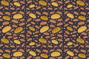 Dark background with golden and brown bread loaves and yellow dots in a repeating pattern. — Fresh Wallpaper