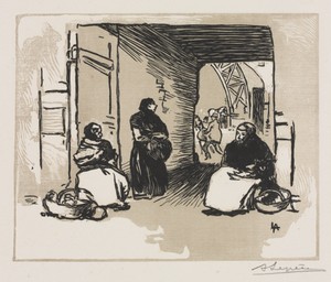 Bread-Sellers by Auguste Louis Lepère, created 1889, in woodcut. Download this artwork as a high-resolution wallpaper for desktop, tablet, or mobile. — Auguste Louis Lepère Wallpaper