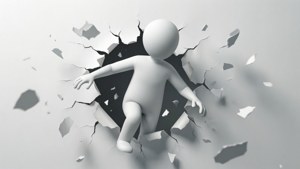 Een wit stokfiguur breekt door een witte papieren muur.