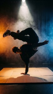 Dynamic silhouette of a breakdancer in a spotlight, hip hop dance