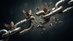 Broken chain links turning into birds symbolizes freedom.