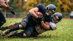 Løber bryder en tackling med mudder og bevægelsesslør