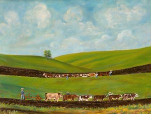 Breaking Ground by Orrie McCombs, created c. 1939, in oil on canvas. Download this artwork as a high-resolution wallpaper for desktop, tablet, or mobile. — Orrie McCombs Wallpaper