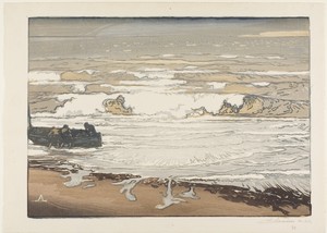 Breaking Waves, September Tide by Louis Auguste Lepère, created 1901, in Woodcut from three blocks in water-based colors on cream laid paper. Download this artw — Louis Auguste Lepère Wallpaper