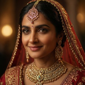 Kangna Ranaut as a bride in traditional red and gold, stunning close-up portrait.