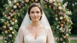 Prinz Eugen dalam gaun pengantin dengan lengkungan bunga di suasana romantis