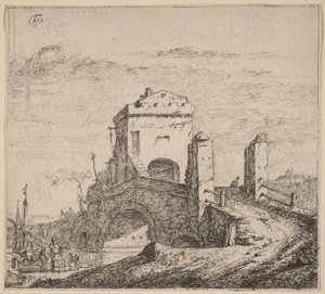 Bridge by Thomas Wijck, in etching. Download this artwork as a high-resolution wallpaper for desktop, tablet, or mobile. — Thomas Wijck Wallpaper