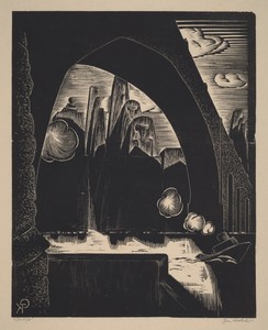 Bridge by Gan Kolski, created c. 1930, in linocut. Download this artwork as a high-resolution wallpaper for desktop, tablet, or mobile. — Gan Kolski Wallpaper