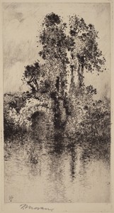 Bridge and Trees by Thomas Moran, created 1878, in etching and drypoint in black. Download this artwork as a high-resolution wallpaper for desktop, tablet, or m — Art Picture