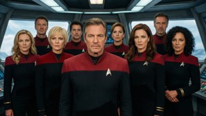 Seven staat met de brugbemanning van de Voyager.