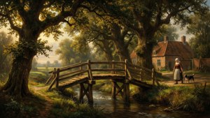 Jan van Goyen Tapete einer Holzbrücke über einen Bach mit Bäumen und einem Bauern.