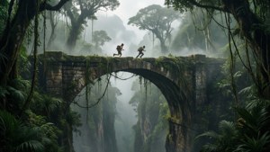 Eine alte Steinbrücke im Dschungel, über die Abenteurer eine neblige Schlucht überqueren.
