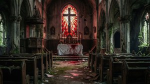 Un altar manchado de sangre dentro de una iglesia en decadencia de Silent Hill con vidrieras rotas