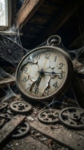Horloge cassée avec des engrenages éparpillés sur le sol poussiéreux du grenier, mélancolique