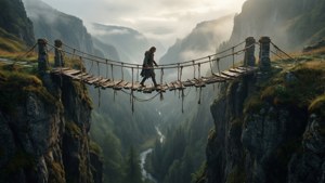 Figur geht über ein Seil über eine kaputte Brücke und eine Schlucht