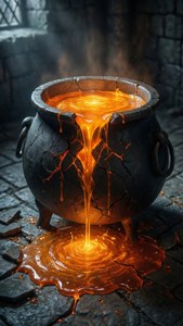 Un chaudron endommagé déversant du liquide lumineux dans un donjon