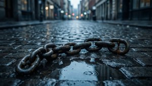 Een gebroken keten op een natte straat symboliseert vrijheid van vals vertrouwen.