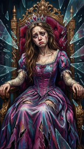 Un disegno triste e vibrante di una principessa angosciata su un trono di vetro rotto.