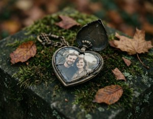 En knust hjerte-locket på en gravsten med et falmet parbillede, melankoli og smerte.