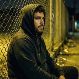 Renato Sobral in felpa, scatto urbano cupo contro una recinzione.