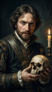 Thomas Ryder digambarkan sebagai Hamlet dengan tengkorak dalam suasana gotik yang diterangi lilin.