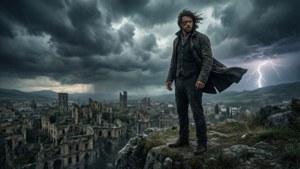A man in a coat stands on a cliff overlooking a destroyed city during a thunderstorm. — Days Gone Picture