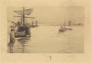 Brooklyn Bridge by Charles A. Platt, created 1888, in etching in black on wove paper. Download this artwork as a high-resolution wallpaper for desktop, tablet, — Charles A. Platt Wallpaper