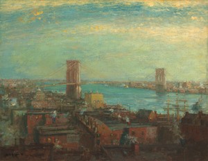 Brooklyn Bridge by Henry Ward Ranger, created 1899, in Oil on canvas. Download this artwork as a high-resolution wallpaper for desktop, tablet, or mobile. — Henry Ward Ranger Wallpaper