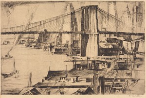 Brooklyn Bridge by Earl Horter, created 1930, in etching in black on buff wove paper. Download this artwork as a high-resolution wallpaper for desktop, tablet, 