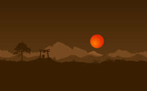 Silhueta de portão torii e pinheiro ao pôr do sol com sol laranja e camadas de montanha — Chuck Papéis de Parede