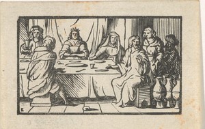 Bruiloft te Kana by Dirck de Bray, created 1635 - 1694, in paper; houtsnede. Download this artwork as a high-resolution wallpaper for desktop, tablet, or mobile