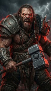 Fondo de pantalla vertical de un Brute Chieftain rugiendo con un martillo de gravedad, cielo tormentoso.