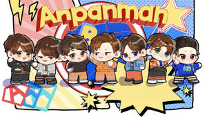 Chibi Anpanman characters in colorful outfits posing with comic-style effects. — Bts Cartoon Wallpaper