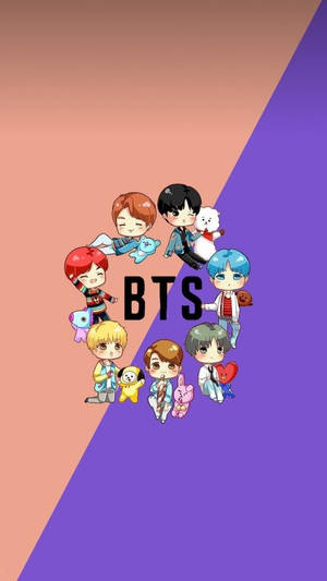 Seven chibi BTS members with pets around the BTS logo on a pink and purple split background. — Bts Cartoon Wallpaper