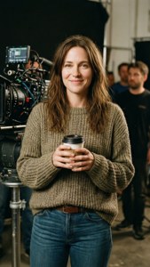 Woman in sweater holding coffee on film set with crew behind her. — Paige Bueckers Wallpaper