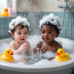 Bubu et Dudu jouent dans un bain moussant avec des canards en caoutchouc.