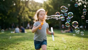 Coco Quinn insegue bolle in un parco soleggiato