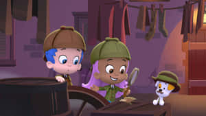Two children and a dog in detective hats investigating a cluttered attic. — Bubble Guppies Wallpaper