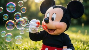 Vauva-Mickey puhaltaa kimaltelevia kuplia aurinkoisella niityllä.