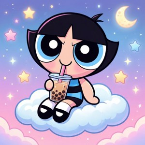 En chibi Black Powerpuff Girl som nyter boblete på en sky.