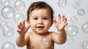Ein Baby, das in einem Studio nach bunten schillernden Blasen greift.