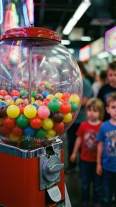 Kidcore-Hintergrund mit einem Vintage-Kaugummiautomaten.